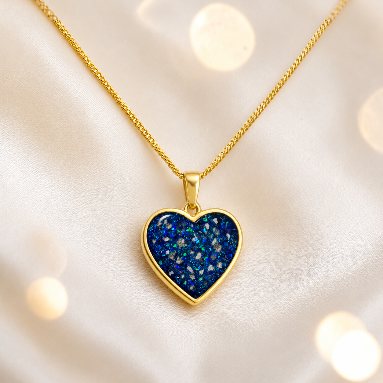 Sapphire glow Golden heart 9ct gold pendant, handcrafted in Lancashire UK – by Keepsake Memorial Jewellery