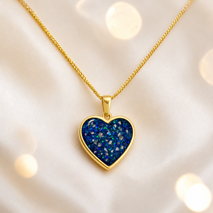 Sapphire glow Golden heart 9ct gold pendant, handcrafted in Lancashire UK – by Keepsake Memorial Jewellery