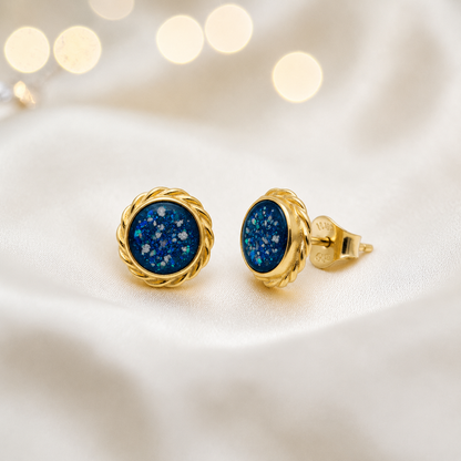 Sapphire Glow Tala 9ct gold flower earrings, handcrafted in Lancashire, UK – by Keepsake Memorial Jewellery
