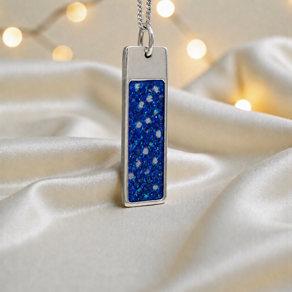 Sapphire glow Valour men's sterling silver memorial pendant, handcrafted in Lancashire UK by Keepsake Memorial Jewellery