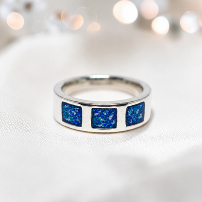 Sapphire glow vigil men's sterling silver memorial ring with triple setting, handcrafted in Lancashire UK by Keepsake Memorial Jewellery