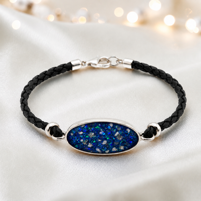 Sapphire glow Continuum men's sterling silver and leather memorial bracelet , handcrafted in Lancashire UK by Keepsake Memorial Jewellery