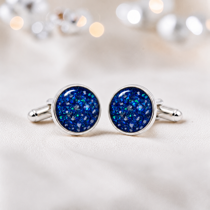 Sapphire glow silver Eterna memorial ashes cufflinks, handcrafted in Lancashire UK
