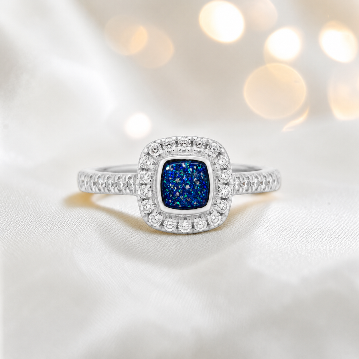 Keepsake Memorial Silver Florence Ashes Ring in sapphire glow - Handcrafted in the UK