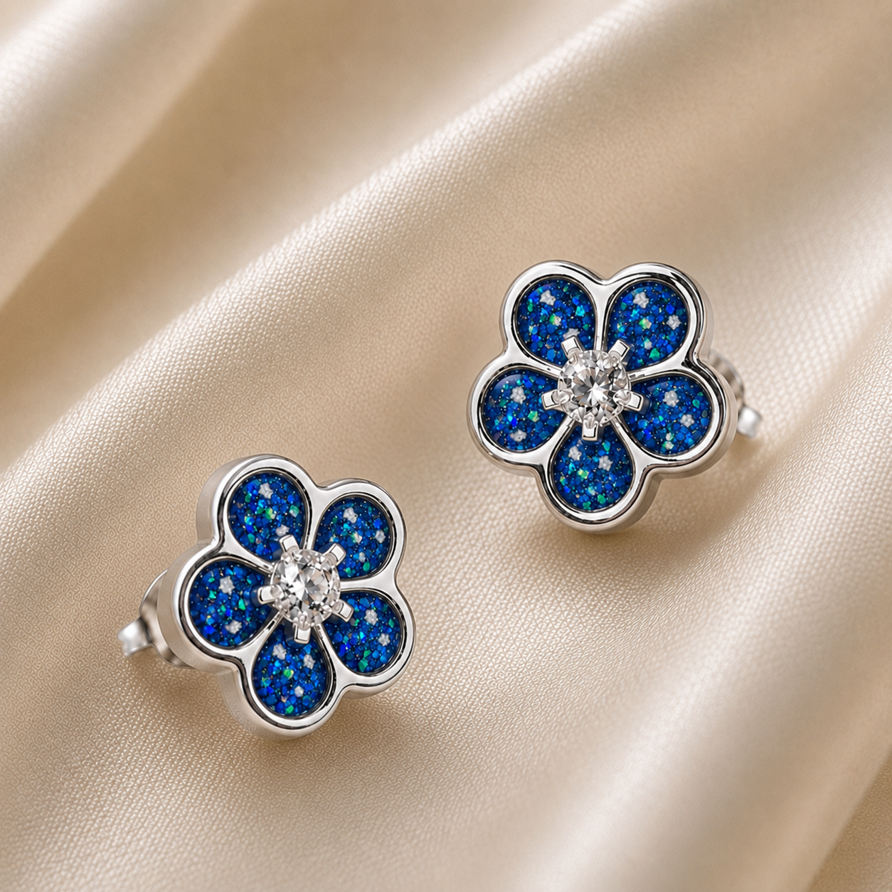 925 Sterling Silver Forget Me Not Memorial Stud Earrings in sapphire glow - Keepsake Memorial Jewellery
