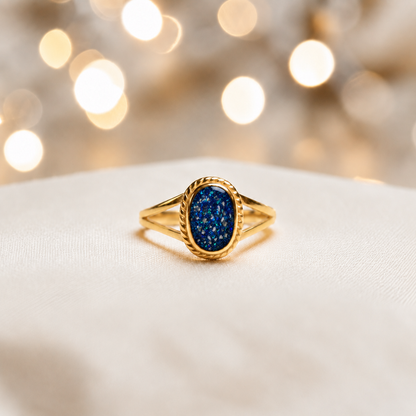 Sapphire Glow Ayla, 9ct gold oval memorial ring, handcrafted in Lancashire, UK – by Keepsake Memorial Jewellery