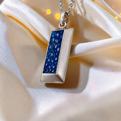 Sapphire glow Bastion men's sterling silver 3D bar memorial pendant, handcrafted in Lancashire UK by Keepsake Memorial Jewellery