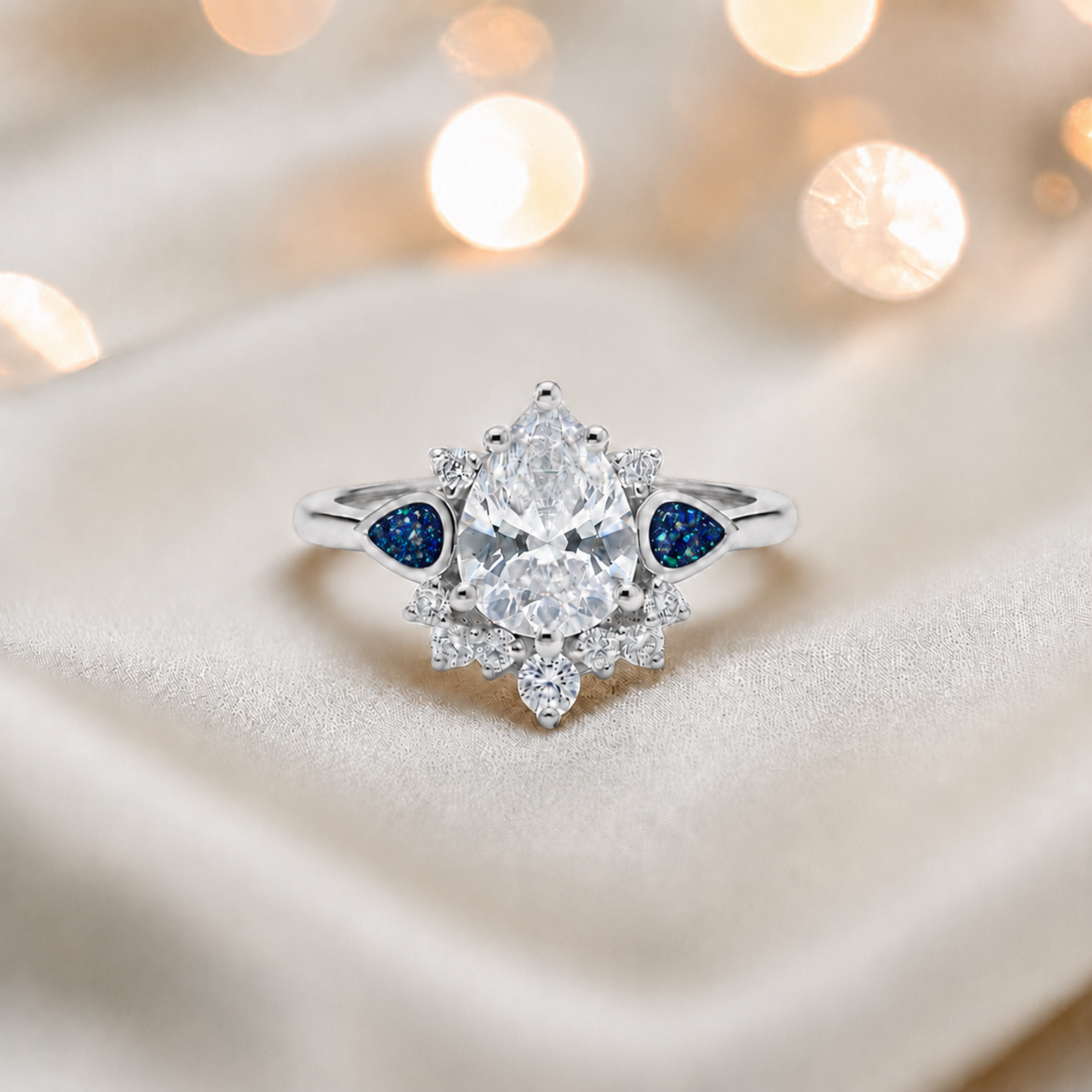 Keepsake Memorial Silver Dew Drop Ashes Ring in sapphire glow - Handcrafted in the UK