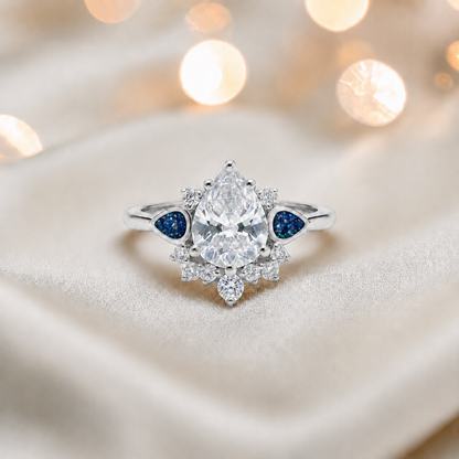 Keepsake Memorial Silver Dew Drop Ashes Ring in sapphire glow - Handcrafted in the UK