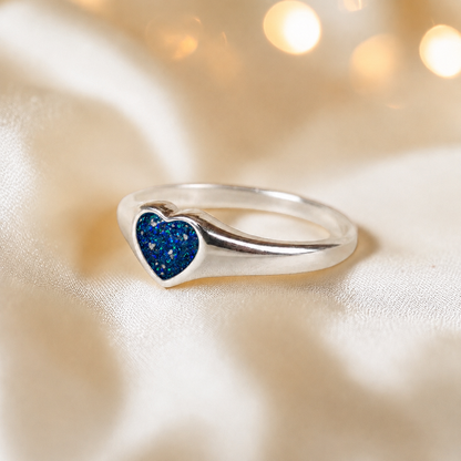 Eden Heart shaped memorial ashes ring in sapphire glow,  handcrafted in Lancashire, UK.