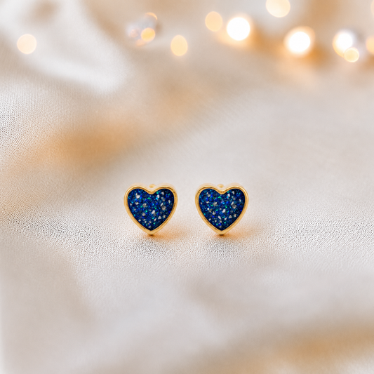 Sapphire Glow Eve 9ct gold heart earrings, handcrafted in Lancashire, UK – by Keepsake Memorial Jewellery
