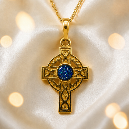 Sapphire glow Gael Cross 9ct gold pendant, handcrafted in Lancashire UK – by Keepsake Memorial Jewellery