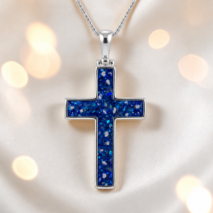 Sapphire Glow Halo sterling silver cross memorial pendant, 30mm, handcrafted in Lancashire UK by Keepsake Memorial Jewellery