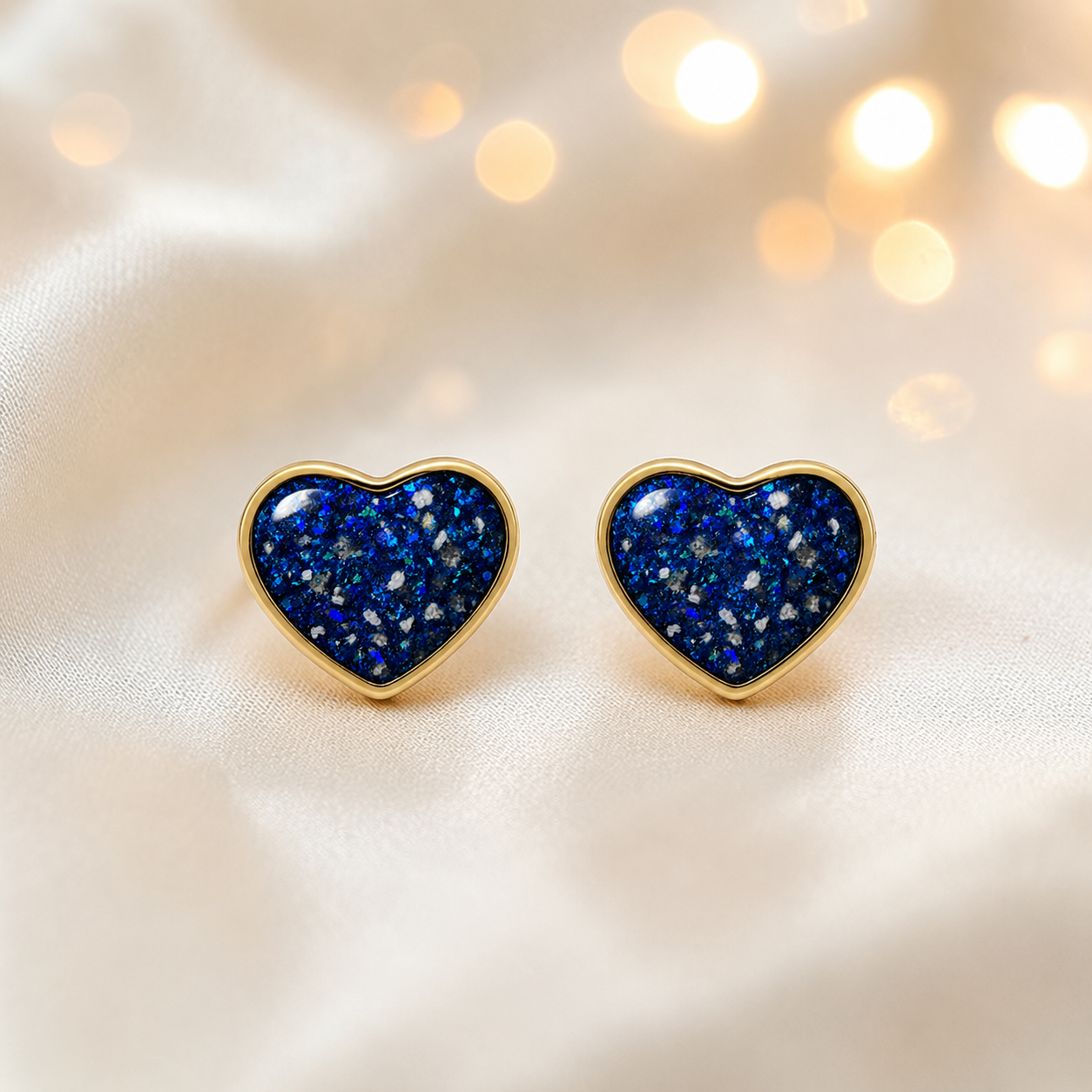 Sapphire Glow Helene 9ct gold heart earrings, handcrafted in Lancashire, UK – by Keepsake Memorial Jewellery