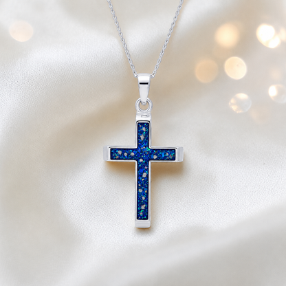 Sapphire glow Legacy men's sterling silver 3D cross memorial pendant, 29mm, handcrafted in Lancashire UK by Keepsake Memorial Jewellery