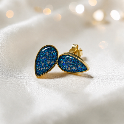 Sapphire Glow Luma 9ct gold pear drop earrings, handcrafted in Lancashire, UK – by Keepsake Memorial Jewellery