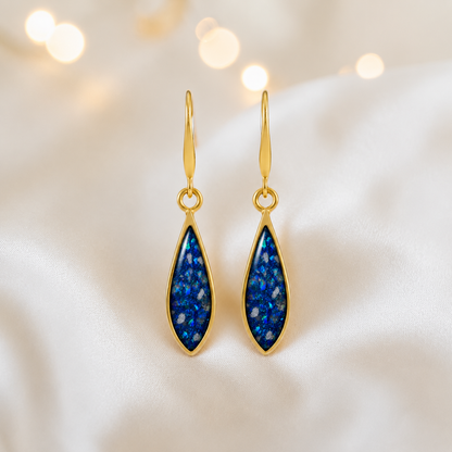 Sapphire Glow Luz 9ct gold tear drop earrings, handcrafted in Lancashire, UK – by Keepsake Memorial Jewellery