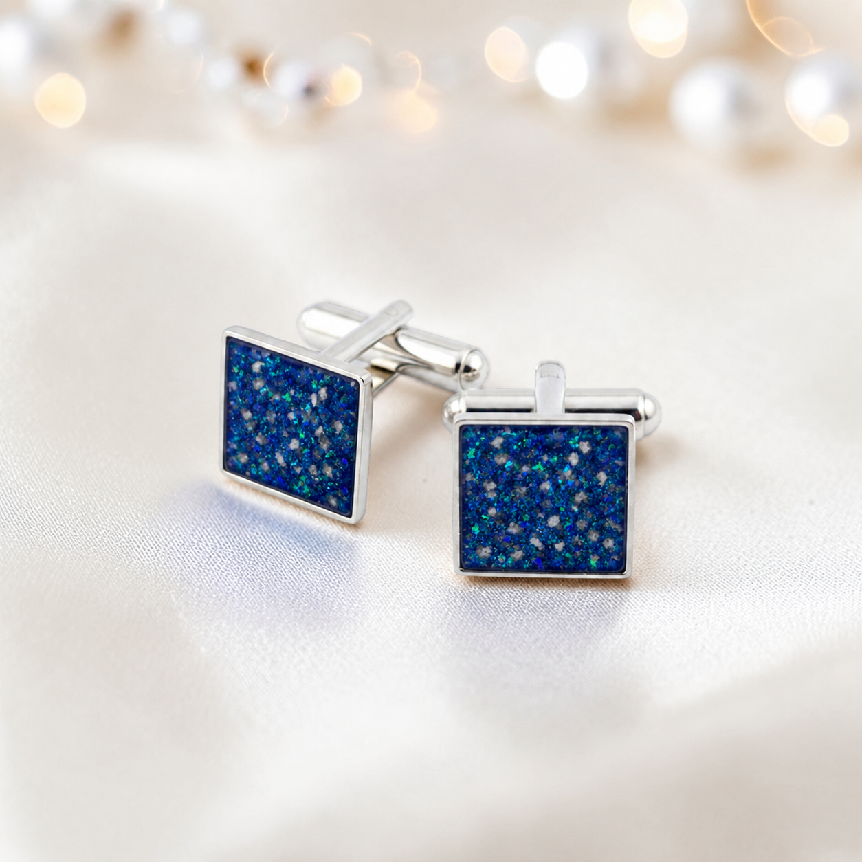 Sapphire glow Nexus sterling silver square memorial ashes cufflinks, handcrafted in Lancashire UK