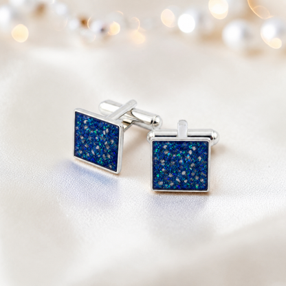 Sapphire glow Nexus sterling silver square memorial ashes cufflinks, handcrafted in Lancashire UK