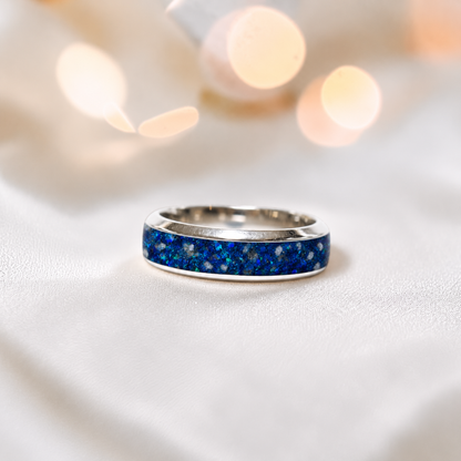 Sapphire glow Obsidian men's sterling silver wide channel memorial band ring, 6mm wide, handcrafted in Lancashire UK by Keepsake Memorial Jewellery