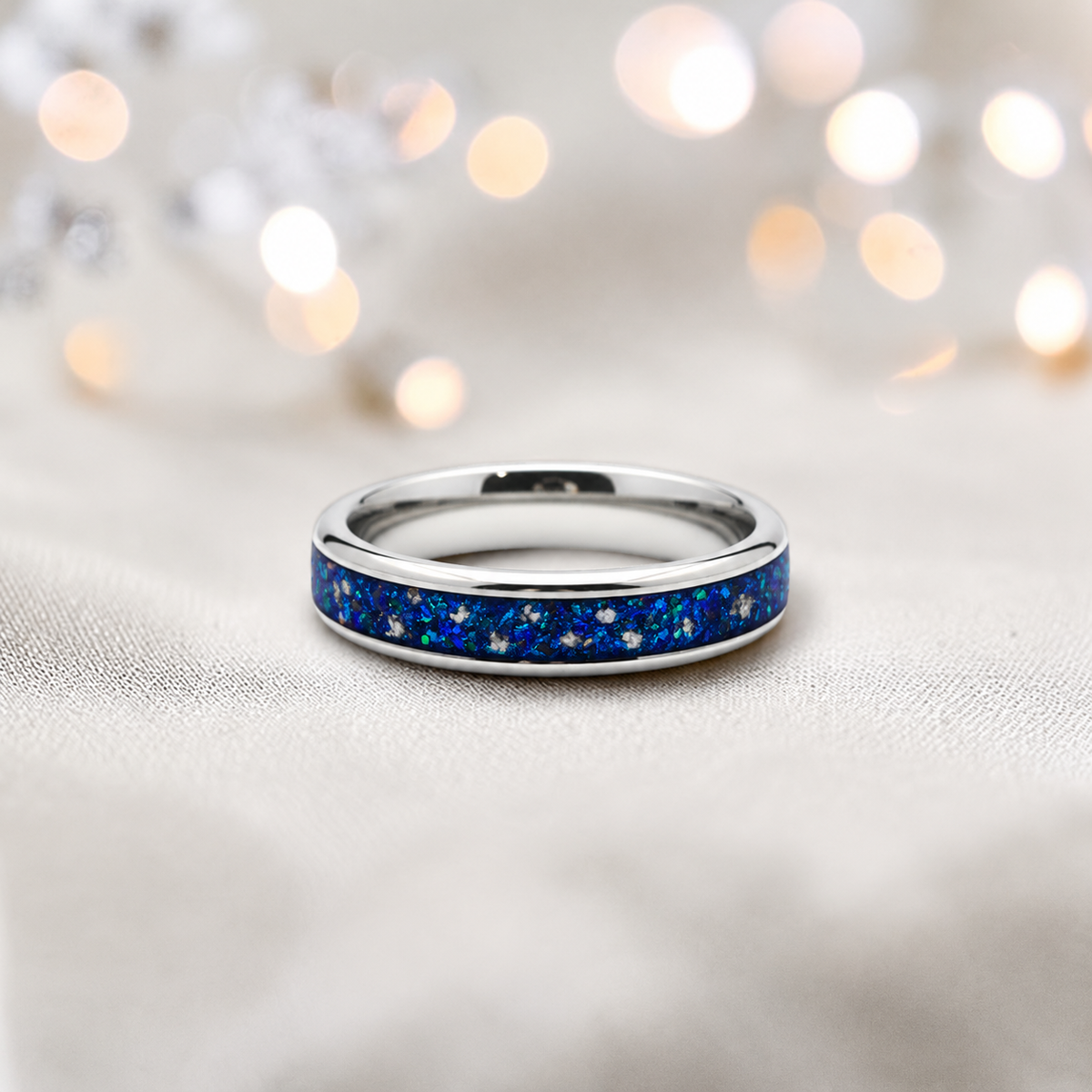 Sapphire glow Ridge unisex stainless steel channel memorial ring, handcrafted in Lancashire UK by Keepsake Memorial Jewellery