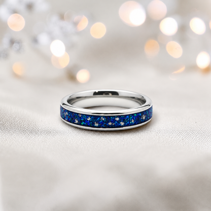 Sapphire glow Ridge unisex stainless steel channel memorial ring, handcrafted in Lancashire UK by Keepsake Memorial Jewellery