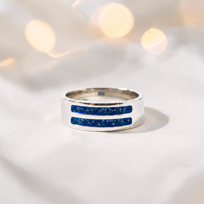 Sapphire glow Strata men's sterling silver double channel memorial ring, wide comfort-fit band, handcrafted in Lancashire UK by Keepsake Memorial Jewellery