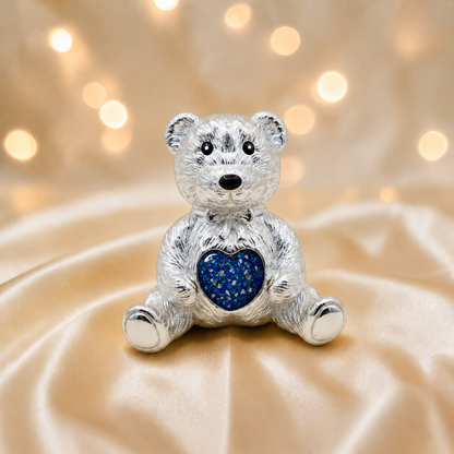 Stainless steel ted memorial bear,  in sapphire glow, handcrafted in Lancashire UK - by Keepsake Memorial Jewellery