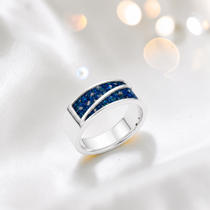 Sapphire Glow Two Paths men's sterling silver split channel memorial band ring, handcrafted in Lancashire UK by Keepsake Memorial Jewellery