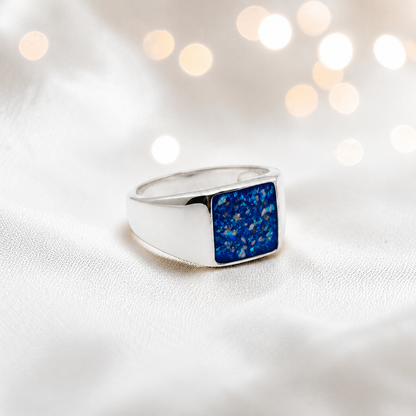 Sapphire glow Valor men's sterling silver memorial signet ring, handcrafted in Lancashire UK by Keepsake Memorial Jewellery