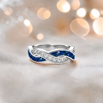 Keepsake Memorial silver Grace and ring, in sapphire glow, handcrafted in Lancashire, UK