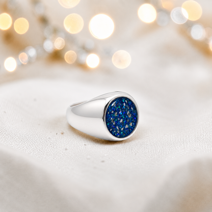 Sapphire glow Haven men's sterling silver signet ring, handcrafted in Lancashire UK by Keepsake Memorial Jewellery