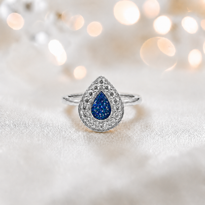 Keepsake Memorial Silver Helena Teardrop Ashes Ring in Sapphire Glow  — handcrafted in Lancashire, UK
