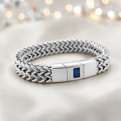 Sapphire glow Heritage men's stainless steel  memorial bracelet , handcrafted in Lancashire UK by Keepsake Memorial Jewellery