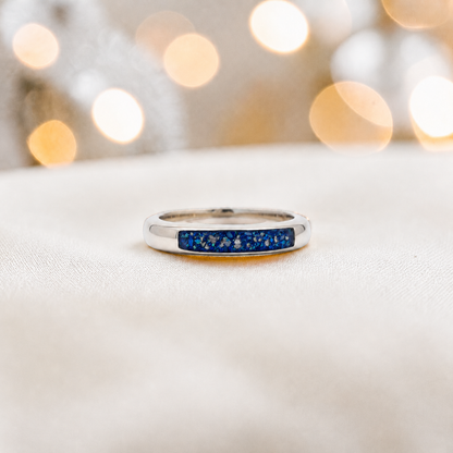Keepsake Memorial Iris wishbone ashes ring in sapphire glow, handcrafted in Lancashire 