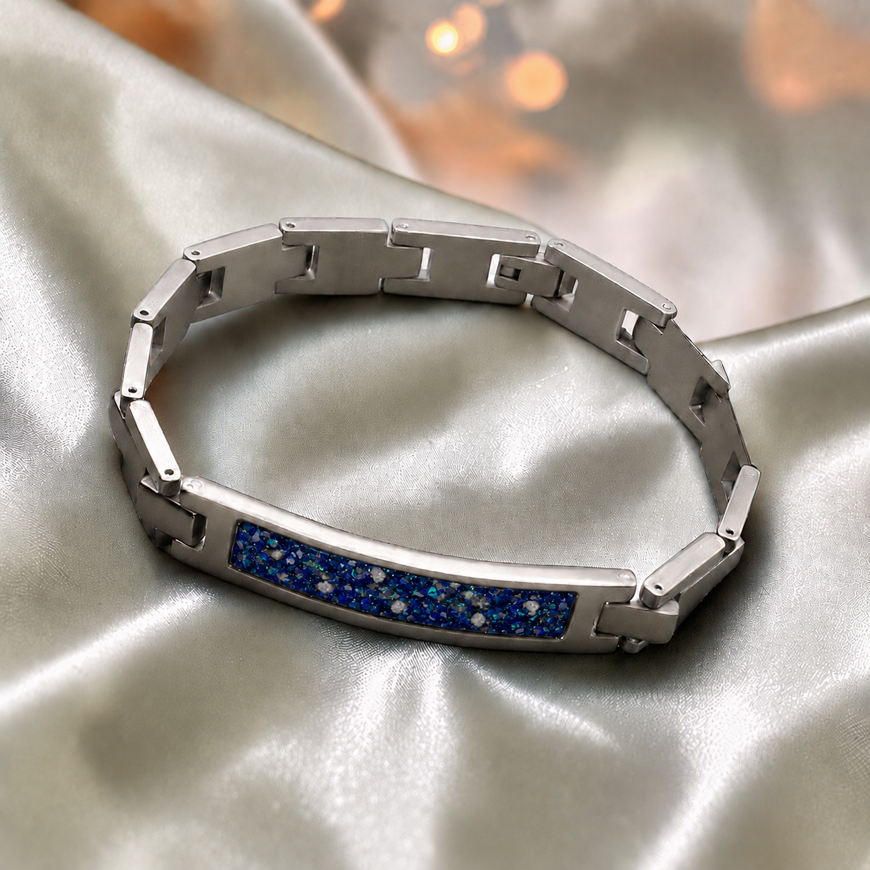 Sapphire glow stainless steel link ID memorial ashes bracelet – Keepsake Memorial Jewellery