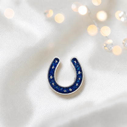 Maverick horseshoe ashes charm, in sapphire glow, handcrafted in Lancashire UK - by Keepsake Memorial Jewellery 