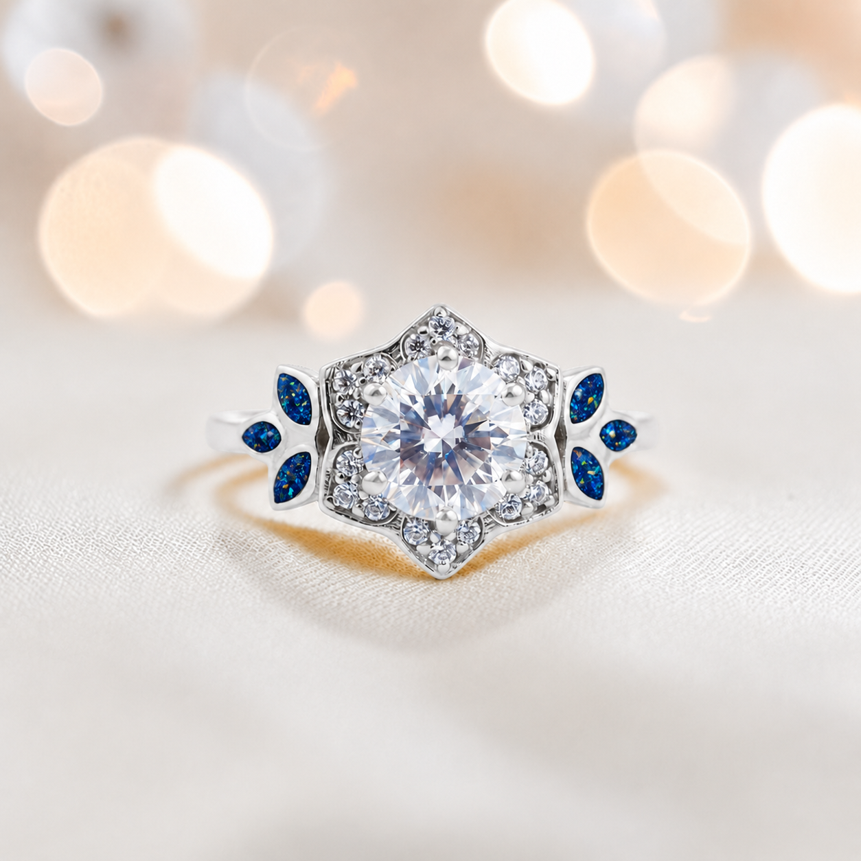 Keepsake Memorial Silver Olivia Ashes Ring in sapphire glow - Handcrafted in the UK