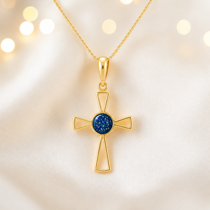 Sapphire glow 9ct gold memorial ashes open cross pendant, handcrafted in Lancashire UK