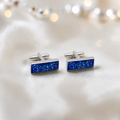 Sapphire glow Pillar sterling silver memorial ashes cufflinks, handcrafted in Lancashire UK