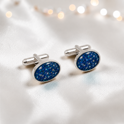 Sapphire glow Pulse sterling silver oval memorial ashes cufflinks, handcrafted in Lancashire UK