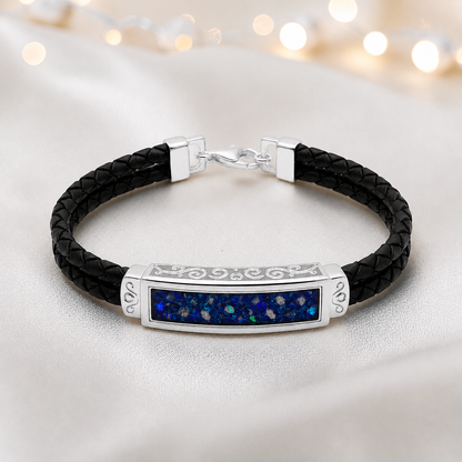 Sentinel men's sterling silver and leather memorial bracelet , handcrafted in Lancashire UK by Keepsake Memorial Jewellery