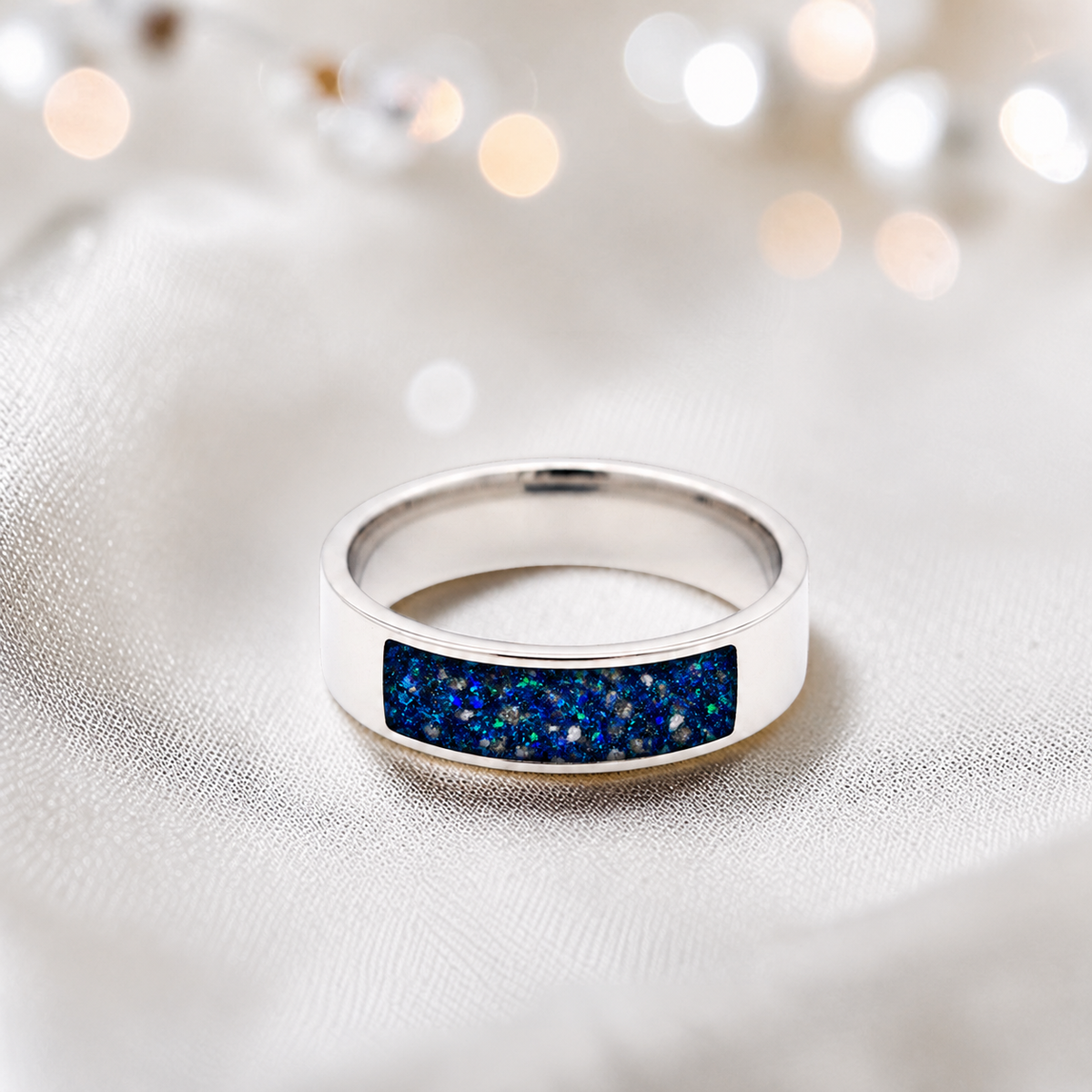 Sapphire glow Solace men's sterling silver ring, handcrafted in Lancashire UK by Keepsake Memorial Jewellery