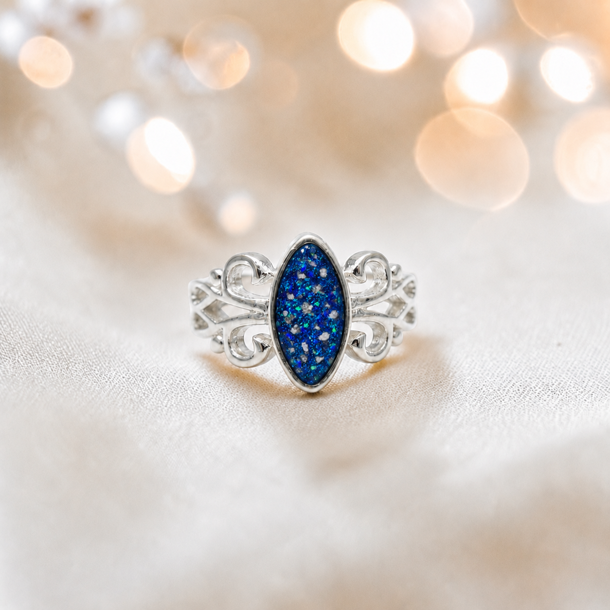 Keepsake Memorial Silver Willow Ashes Ring in Sapphire Glow - Handcrafted in the UK