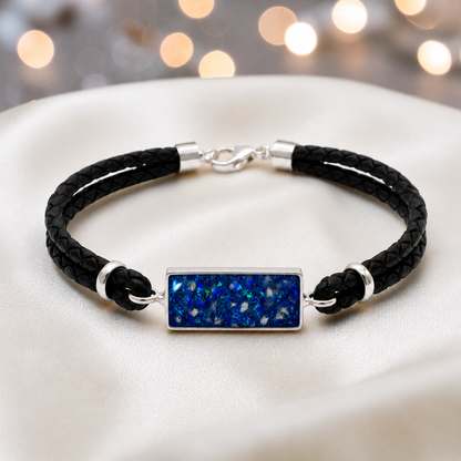 Sapphire glow  Zenith men's sterling silver and leather memorial bracelet , handcrafted in Lancashire UK by Keepsake Memorial Jewellery