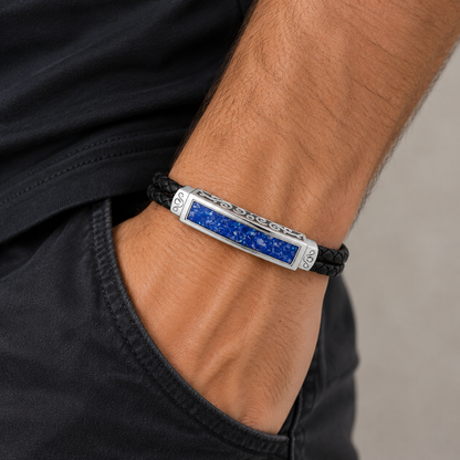 Royal Blue Sentinel men's sterling silver and leather memorial bracelet , handcrafted in Lancashire UK by Keepsake Memorial Jewellery