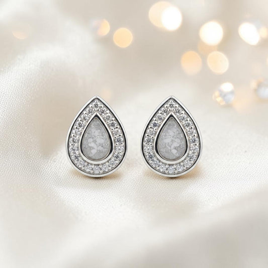 Seraph Glow Earrings — silver pear-shaped ashes memorial earrings, handcrafted in Lancashire, UK