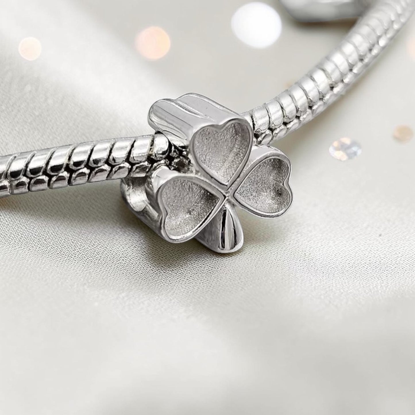 silver shamrock keepsake charm bead, handcrafted in uk