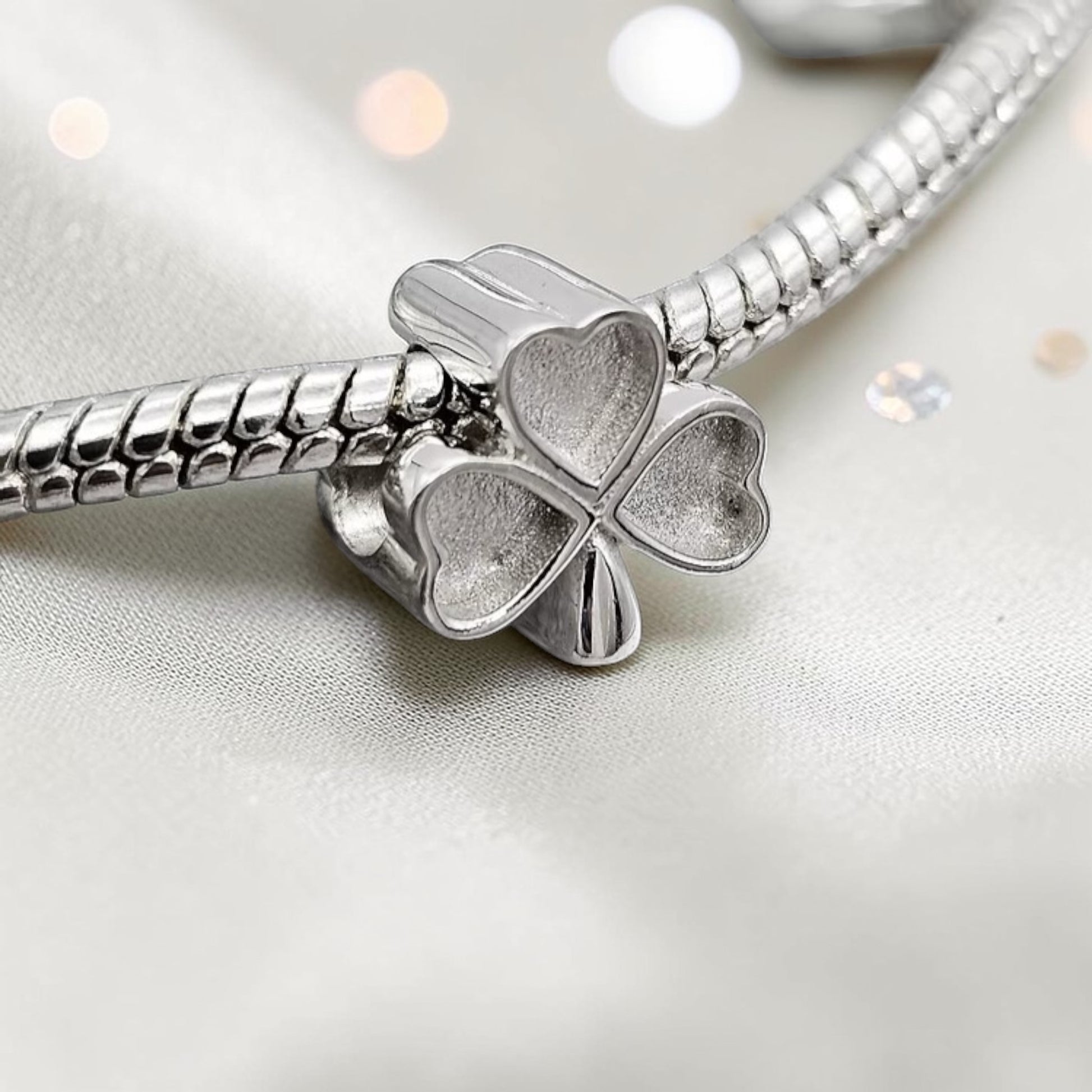 silver shamrock keepsake charm bead, handcrafted in uk