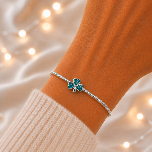 Teal mist sterling silver shamrock ashes memorial charm, handcrafted in Lancashire by keepsake memorial